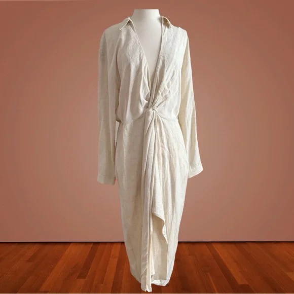 Anthropologie V-Neck Knot Front Midi Dress ⚜️Ivory⚜️ Size 12 - Picture 8 of 16